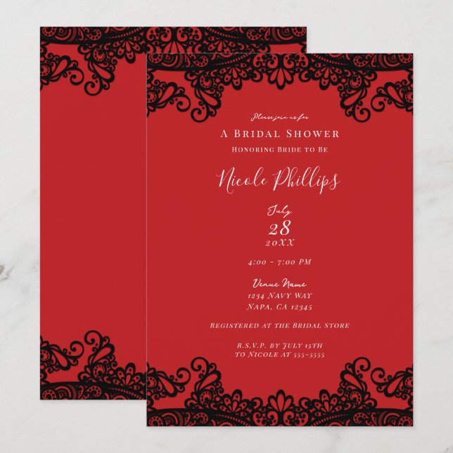 Convites Lace Vermelho e Preto Chá de Noiva Elegante e Sofi (Frente/Verso)