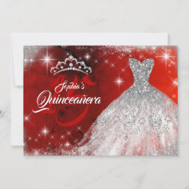 Convites Lace Vermelho Silver Diamond Gown Tiara Quinceaner