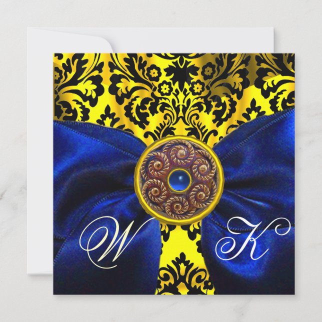 Convites LAÇO AZUL Dourado Amarelo  Preto  DAMASCO MONOGRAM (Frente)