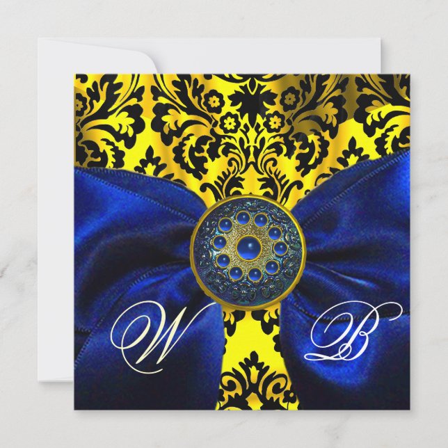 CONVITES LAÇO AZUL DOURADO AMARELO  PRETO  DAMASCO MONOGRAM (Frente)