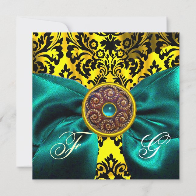 Convites LAÇO AZUL Dourado Amarelo  Preto  DAMASCO MONOGRAM (Frente)