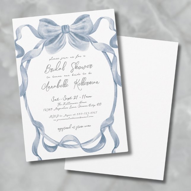 Convites Laço Azul Empoeirado Chá de Bebê Vintage (Dusty Blue Bow Vintage Bridal Shower Invitation)