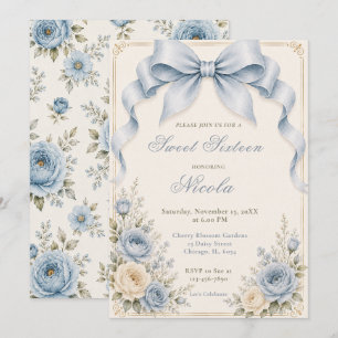 Convites Laço Coquete Azul Floral Dusty Sweet Sixteen