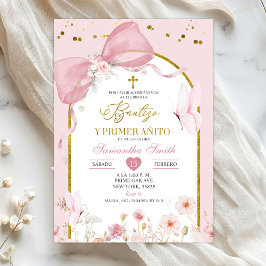 Convites Laço Coquete Rosa Corado Bautizo E Primer Anito