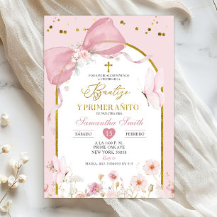 Convites Laço Coquete Rosa Corado Bautizo E Primer Anito