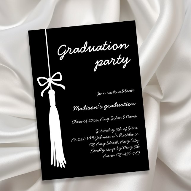 Convites Laço Coquette Grad Pingente Preto Formatura 2026 (Coquette Bow Grad Tassel Black 2026 Graduation Invitation)