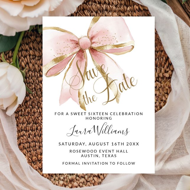 Convites Laço Coquette Salve A Data Doce Dezesseis (Elegant Pink and Gold Sweet Sixteen Save the Date Invitation)