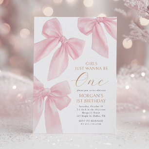 Convites Laço Cor-de-Rosa Coquete Primeiro Aniversário