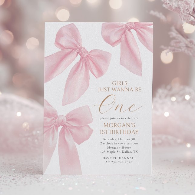 Convites Laço Cor-de-Rosa Coquete Primeiro Aniversário (Criador carregado)