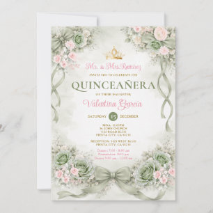Convites Laço de arco rosa e sage Quinceañera Anos de idade