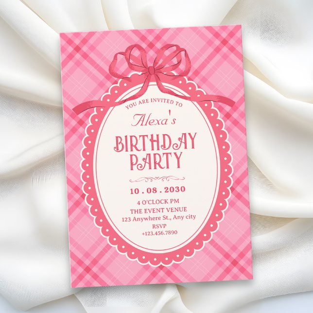 Convites Laço de cetim gingham de aniversário rosa (Criador carregado)