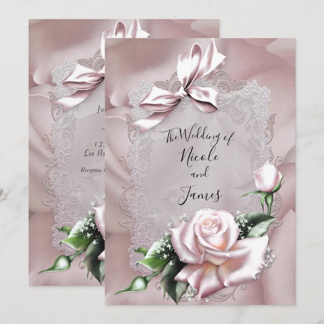 Convites Laço de cetim rosa e rosa romântico casamento (Frente/Verso)
