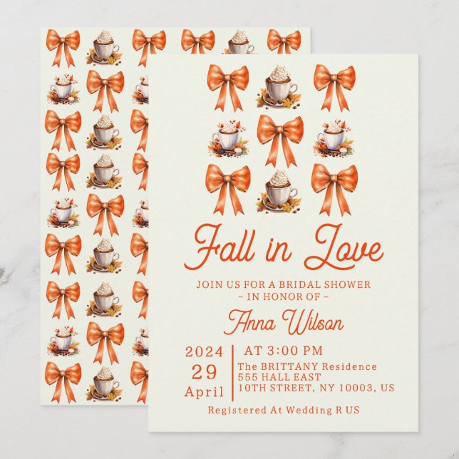 Convites Laço de Coquette no Amor Café Laranja Editável  (Frente/Verso)