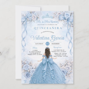 Convites Laço de Fita Floral Azul Empoeirado Quinceañera An