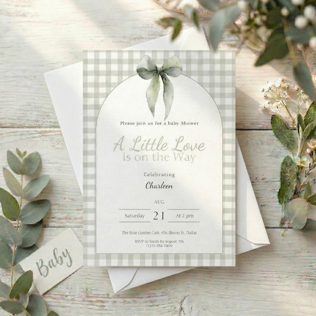 Convites Laço de Ginga Verde Oliva no Chá de Bebê (Sage green ginghan bow baby shower invitation )