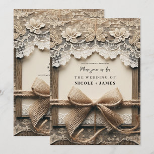 Convites Laço de juta com renda floral vintage para casamen
