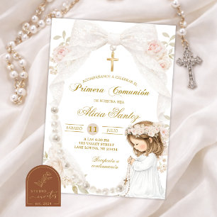 Convites Laço de Renda Marfim Pérola Menina Ajoelhada Comun