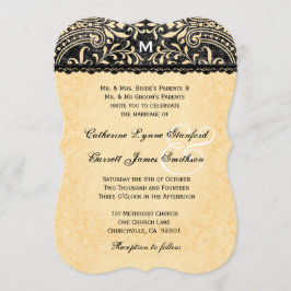 Convites Laço Dourado e casamento tema damasco preto V08 do
