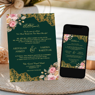 Convites Laço Dourado Floral Rosa Verde Esmeralda Casamento