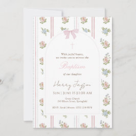 Convites Laço Floral Rosa Elegante Batismo Menina Cristã