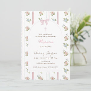 Convites Laço Floral Rosa Elegante Batismo Menina Cristã