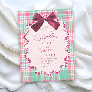 Convites Laço magenta e um casamento xadrez rosa