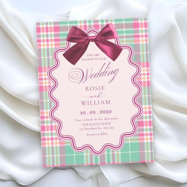 Convites Laço magenta e um casamento xadrez rosa (Criador carregado)