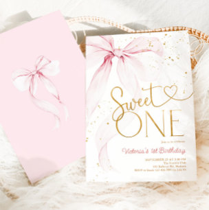 Convites Laço Rosa Aniversário de 1 ano Sweet One Coguette