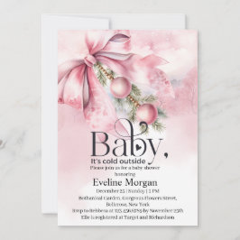 Convites Laço Rosa Aquarela com Bolas de Natal Chá de Bebê