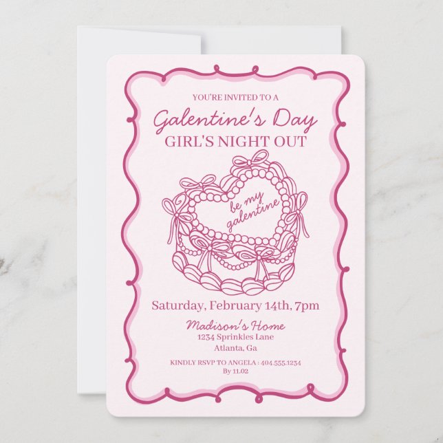 Convites Laço Rosa Coração Retrô Coquette Bolo Galentine (Frente)