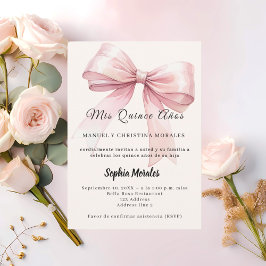 Convites Laço rosa creme elegante Quinceanera