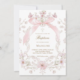Convites laço rosa e flores moldura menina Batismo