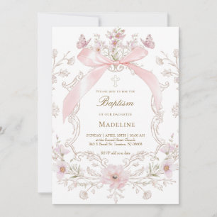 Convites laço rosa e flores moldura menina Batismo