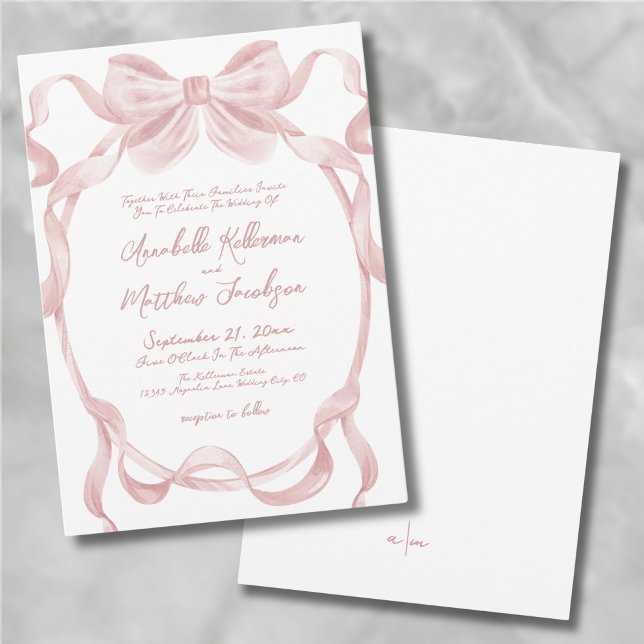 Convites Laço Rosa Elegante e Caprichoso para Casamento (Elegant Blush Pink Bow Whimsical Wedding Invitation)