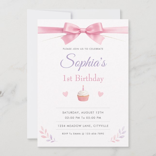 Convites Laço Rosa Simples e Elegante para 1º Aniversário (Frente)