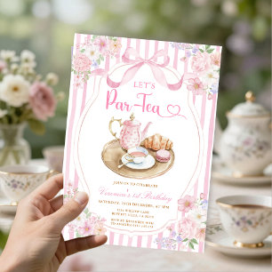 Convites Laço Rosa Vamos Par-tea Menina Aniversário Listra