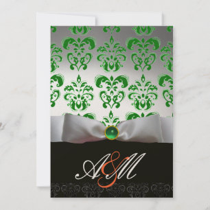 Convites LAÇO VERDE BRANCO & MONOGRAMA DE DAMASCO PRETO Dou