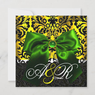 CONVITES LAÇO VERDE DOURADO AMARELO PRETO MONOGRAMA DAMASCO