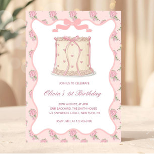 Convites Laços de Bolo Vintage Coquette Rosa Aniversário