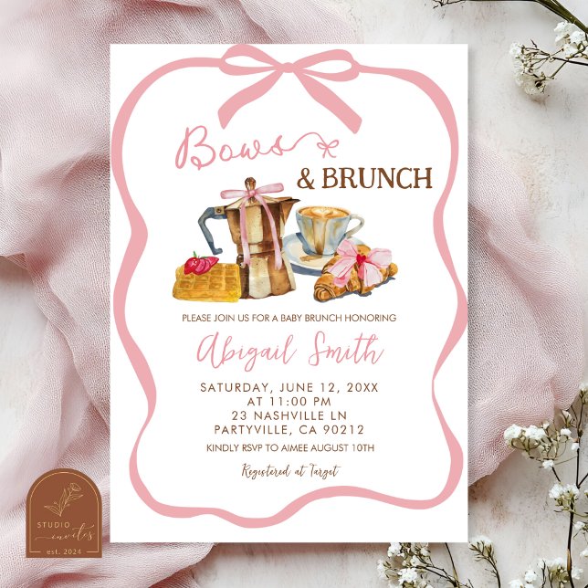Convites Laços de coquete rosa e chá de bebê de brunch (Criador carregado)
