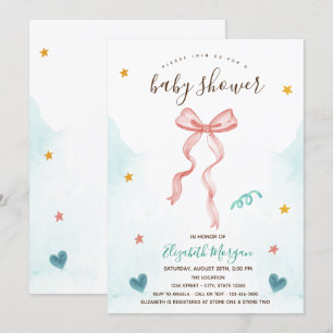 Convites Laços de Fita Rosa Estrelas Corações Baby Shower