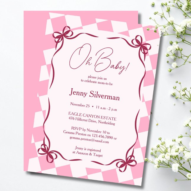 Convites Laços de Ginga Rosa Bebê Chá de Bebê (Oh Baby Pink Gingham Bows Baby Shower Invitation)