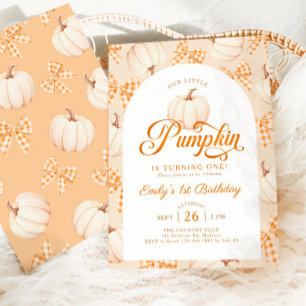 Convites Laços de Gingham de Pequena Abóbora 1º Aniversário