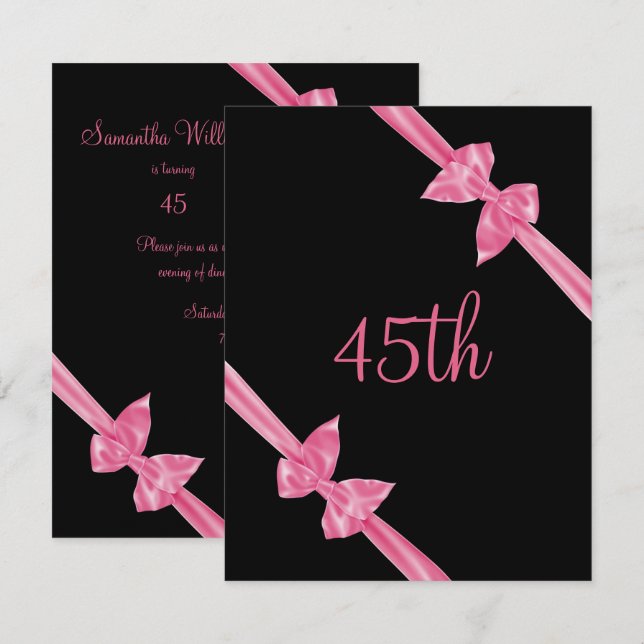 Convites Laços de Seda Rosa Elegantes 45º Aniversário (Frente/Verso)