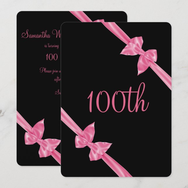Convites Laços de Seda Rosa Elegantes Aniversário de 100 an (Frente/Verso)