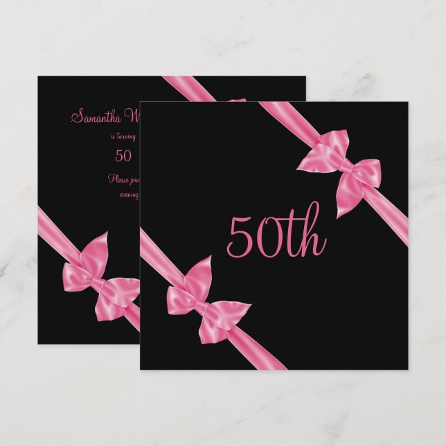 Convites Laços de Seda Rosa Elegantes Aniversário de 50 ano (Frente/Verso)