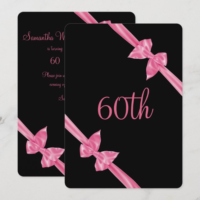 Convites Laços de Seda Rosa Elegantes Aniversário de 60 ano (Frente/Verso)