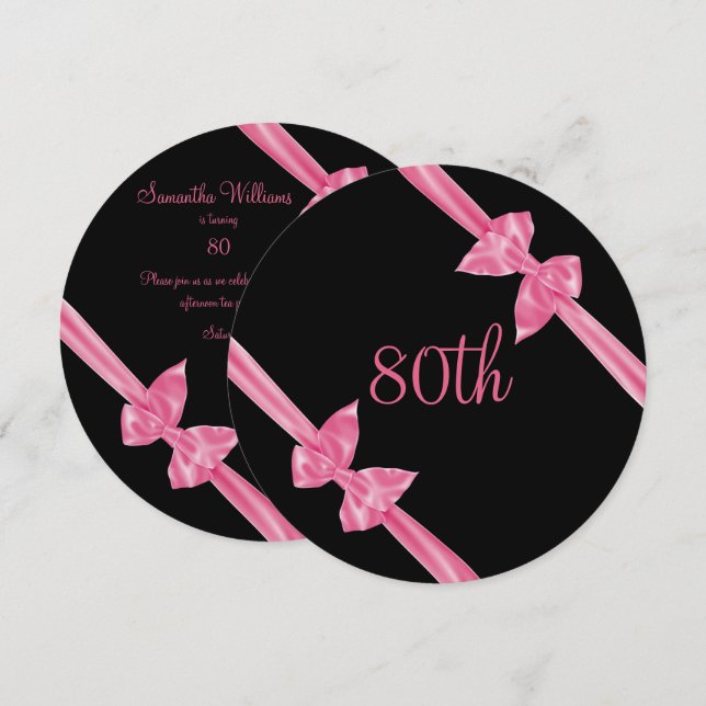Convites Laços de Seda Rosa Elegantes Aniversário de 80 ano (Frente/Verso)