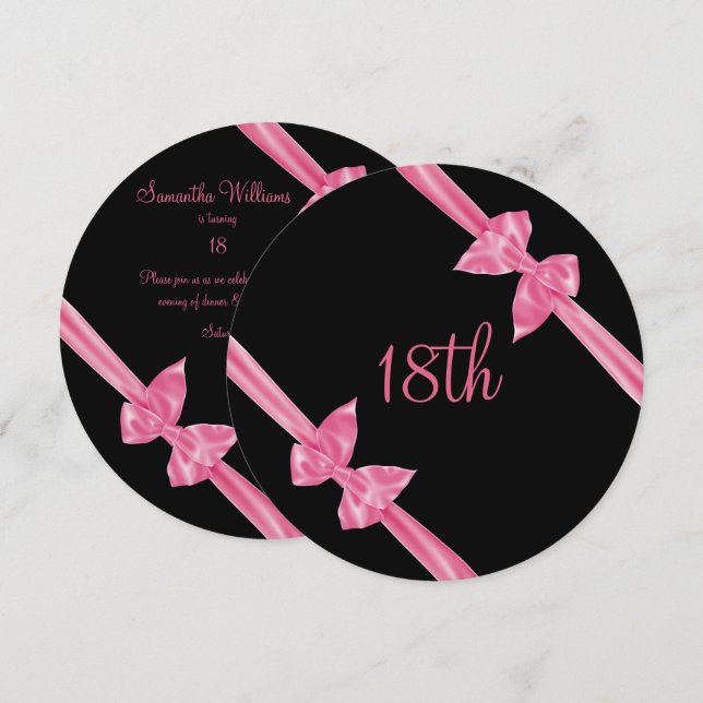 Convites Laços de Seda Rosa Elegantes para 18º Aniversário (Frente/Verso)