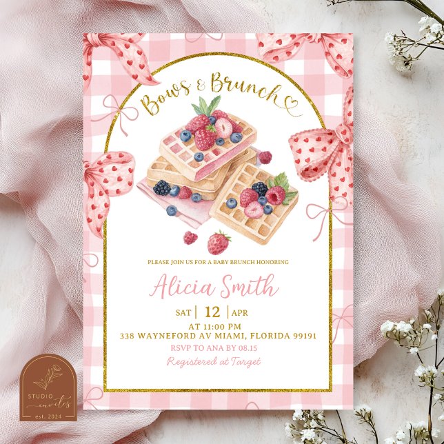 Convites Laços Gingham Rosa E Brunch Baby Shower Brunch (Criador carregado)